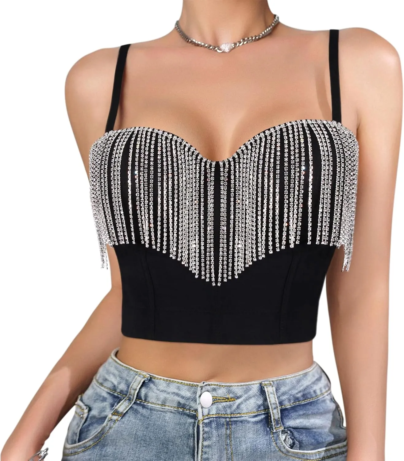 Erinaco Women's Rhinestone Diamond Tank Top Color Beaded Sling Tube Top Bustier Vest Crop Top Sexy Corset Bra Summer