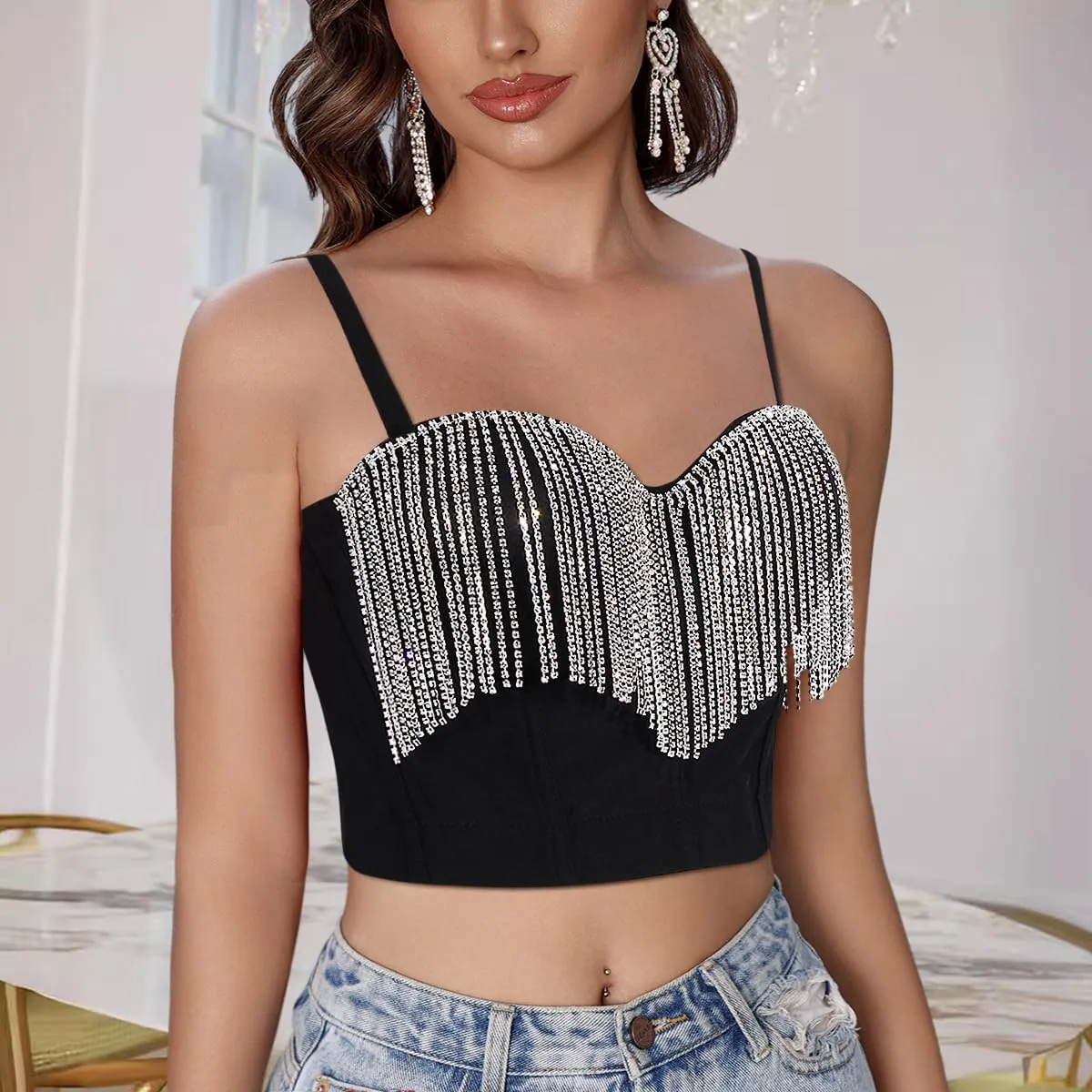 Erinaco Women's Rhinestone Diamond Tank Top Color Beaded Sling Tube Top Bustier Vest Crop Top Sexy Corset Bra Summer