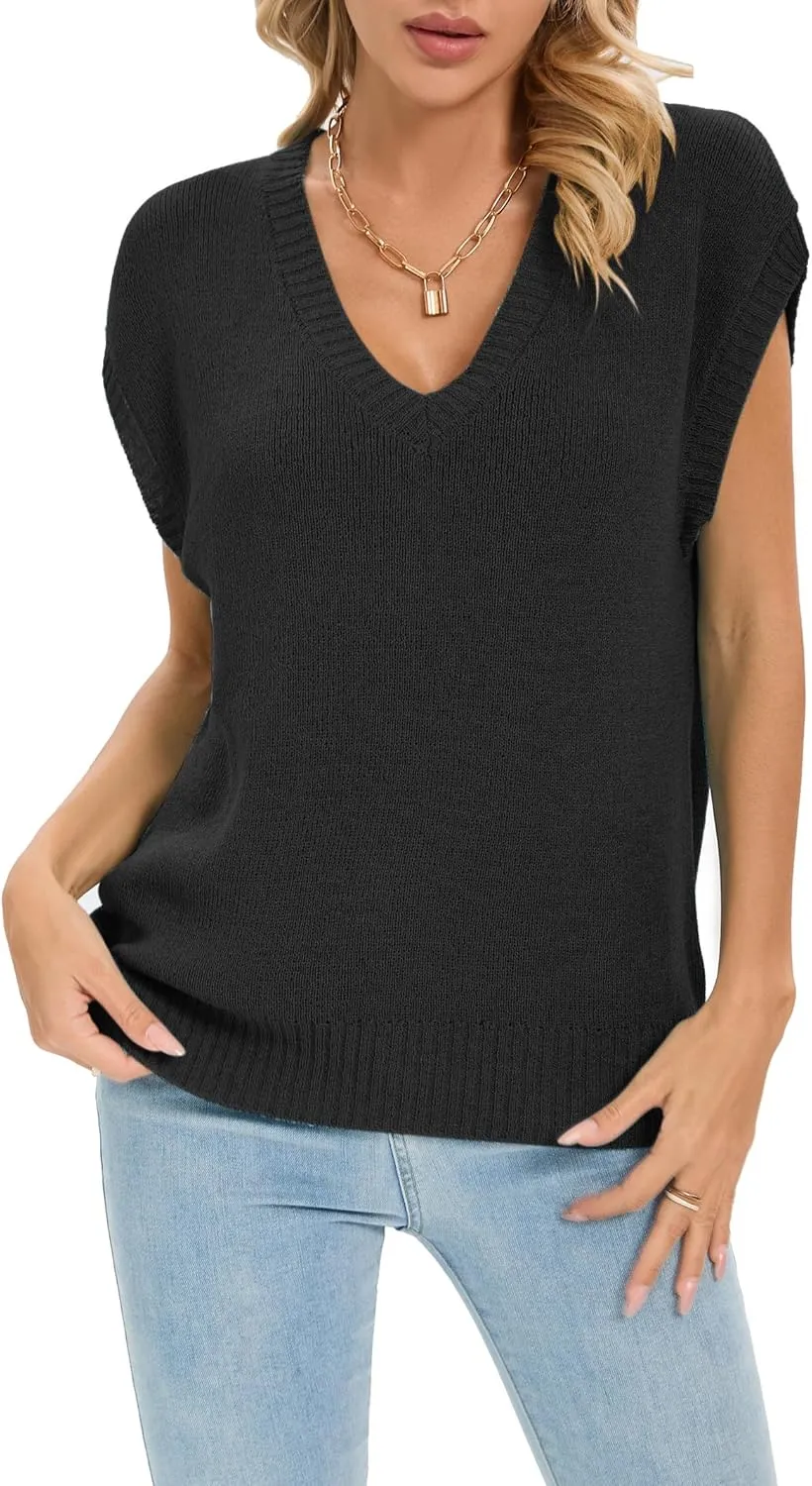 Famulily Deep V Neck Tanks for Women Casual Cap Sleeve Sweater Vest Summer Ribbed Knitted Tank Tops