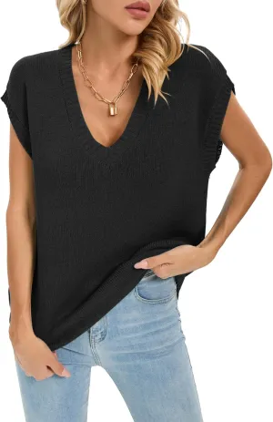 Famulily Deep V Neck Tanks for Women Casual Cap Sleeve Sweater Vest Summer Ribbed Knitted Tank Tops