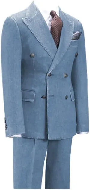Fashion Denim Suits for Men Double Breasted Prom Tuxedos Peak Lapel 2 Pieces Blazer Pants for Evening Party