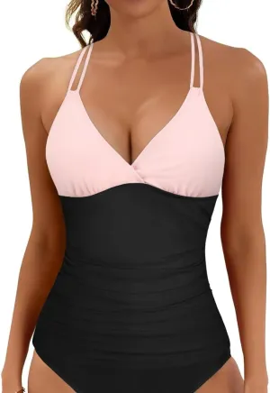 Firpearl Women's Underwire Tankini Top Only V Neck Strappy Back Swimsuit Ruched Tummy Control Bathing Suits Top