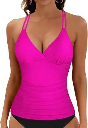 Firpearl Women's Underwire Tankini Top Only V Neck Strappy Back Swimsuit Ruched Tummy Control Bathing Suits Top