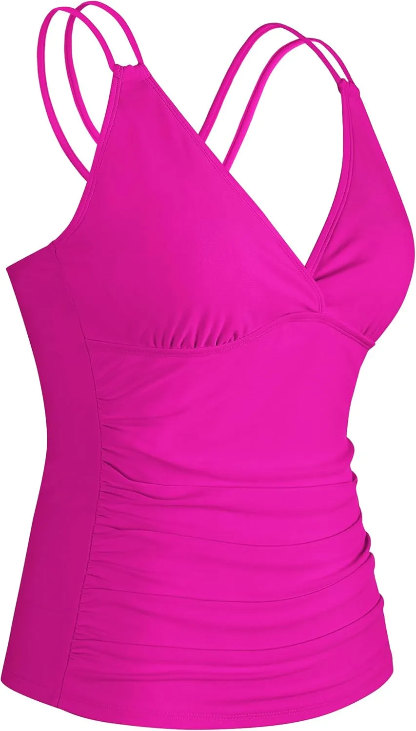 Firpearl Women's Underwire Tankini Top Only V Neck Strappy Back Swimsuit Ruched Tummy Control Bathing Suits Top