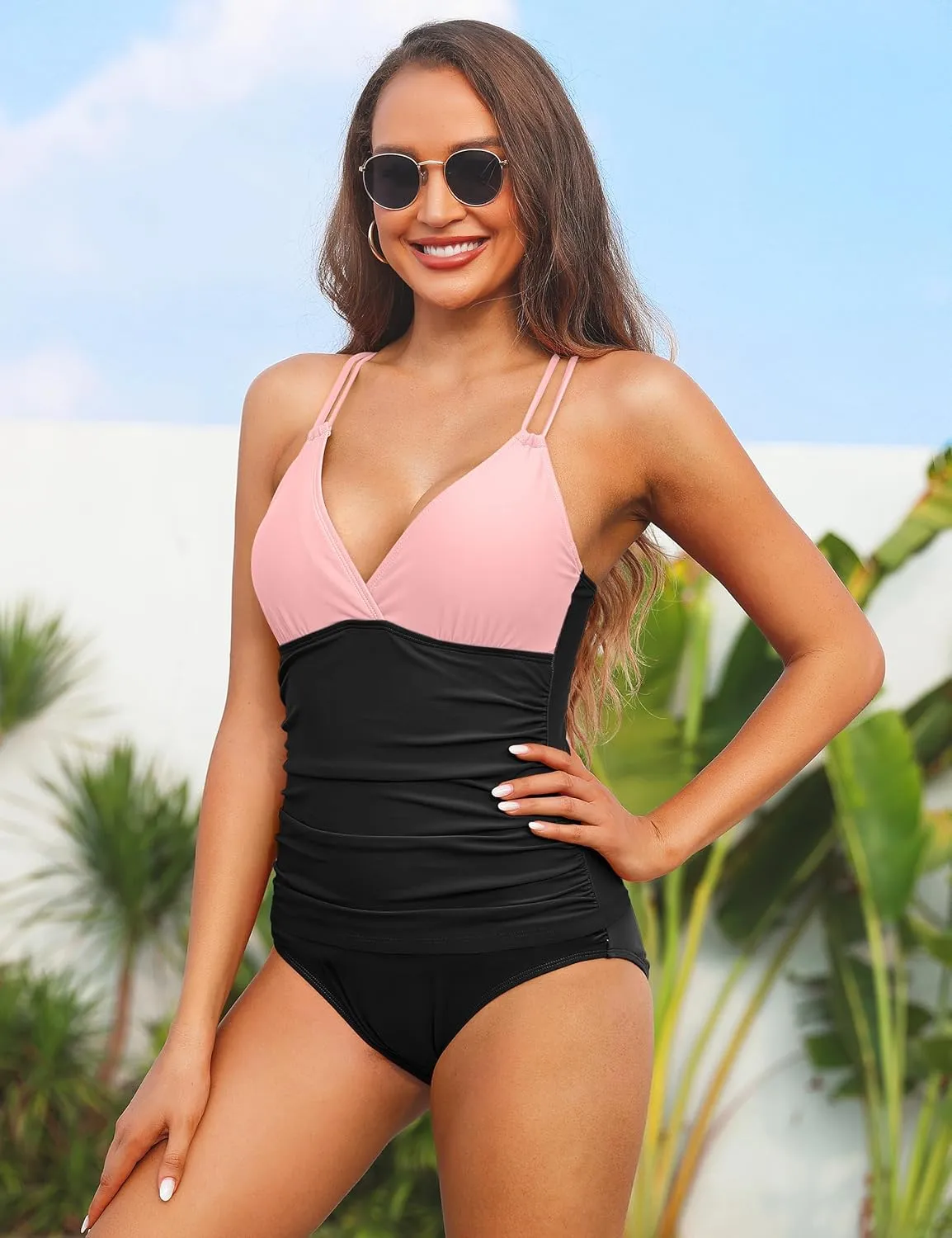 Firpearl Women's Underwire Tankini Top Only V Neck Strappy Back Swimsuit Ruched Tummy Control Bathing Suits Top