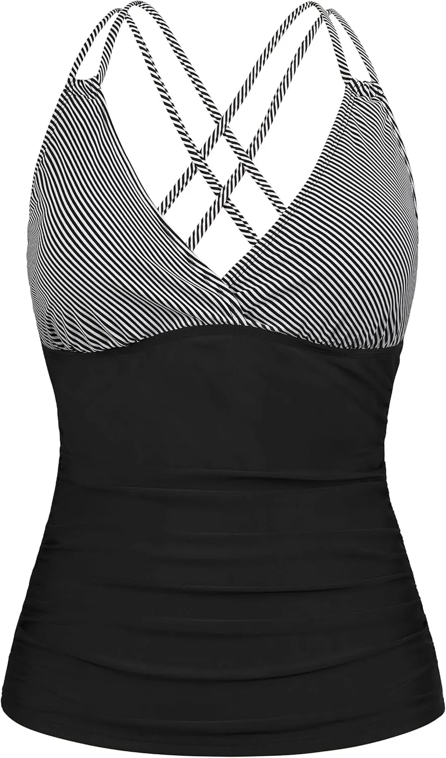 Firpearl Women's Underwire Tankini Top Only V Neck Strappy Back Swimsuit Ruched Tummy Control Bathing Suits Top