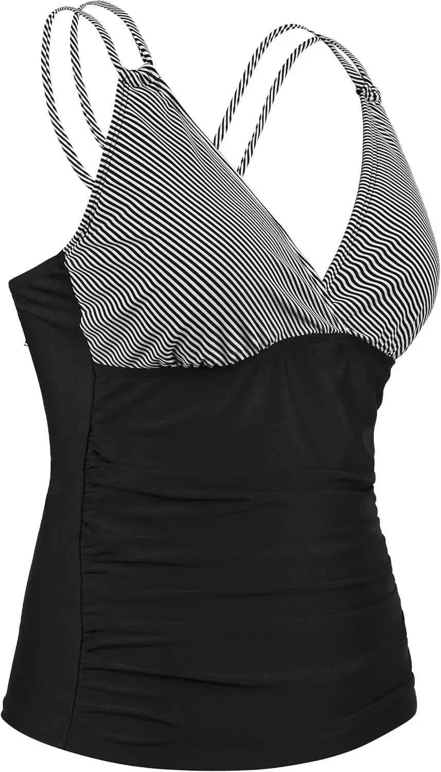 Firpearl Women's Underwire Tankini Top Only V Neck Strappy Back Swimsuit Ruched Tummy Control Bathing Suits Top