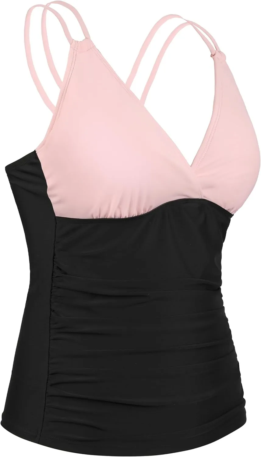 Firpearl Women's Underwire Tankini Top Only V Neck Strappy Back Swimsuit Ruched Tummy Control Bathing Suits Top