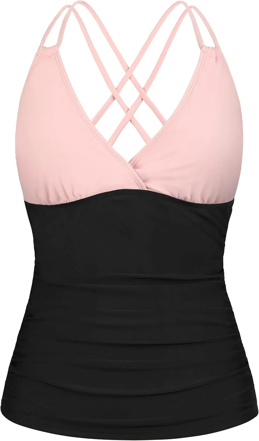 Firpearl Women's Underwire Tankini Top Only V Neck Strappy Back Swimsuit Ruched Tummy Control Bathing Suits Top