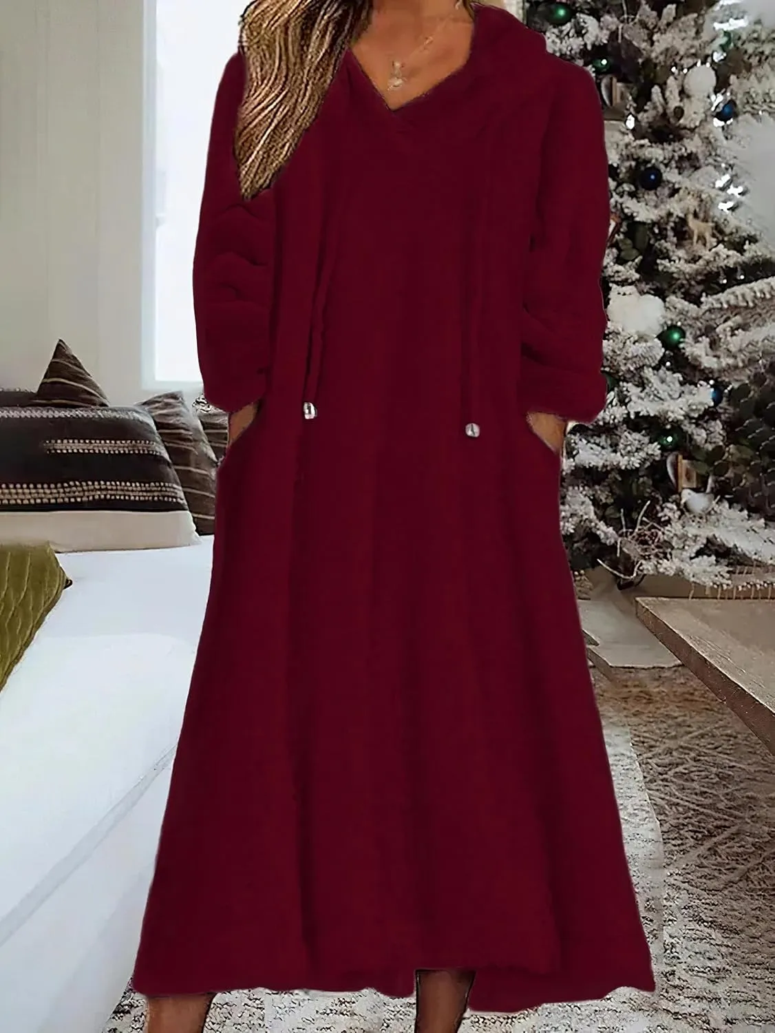 Fleece Hooded Dress for Women Plush Fuzzy Sherpa Sweatshirt Robe Fluffy Granular Oversized Nightgown Pullover Lounger