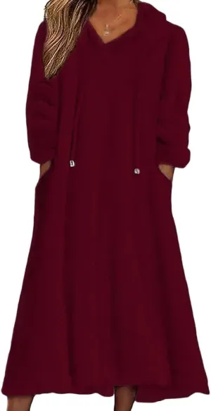 Fleece Hooded Dress for Women Plush Fuzzy Sherpa Sweatshirt Robe Fluffy Granular Oversized Nightgown Pullover Lounger