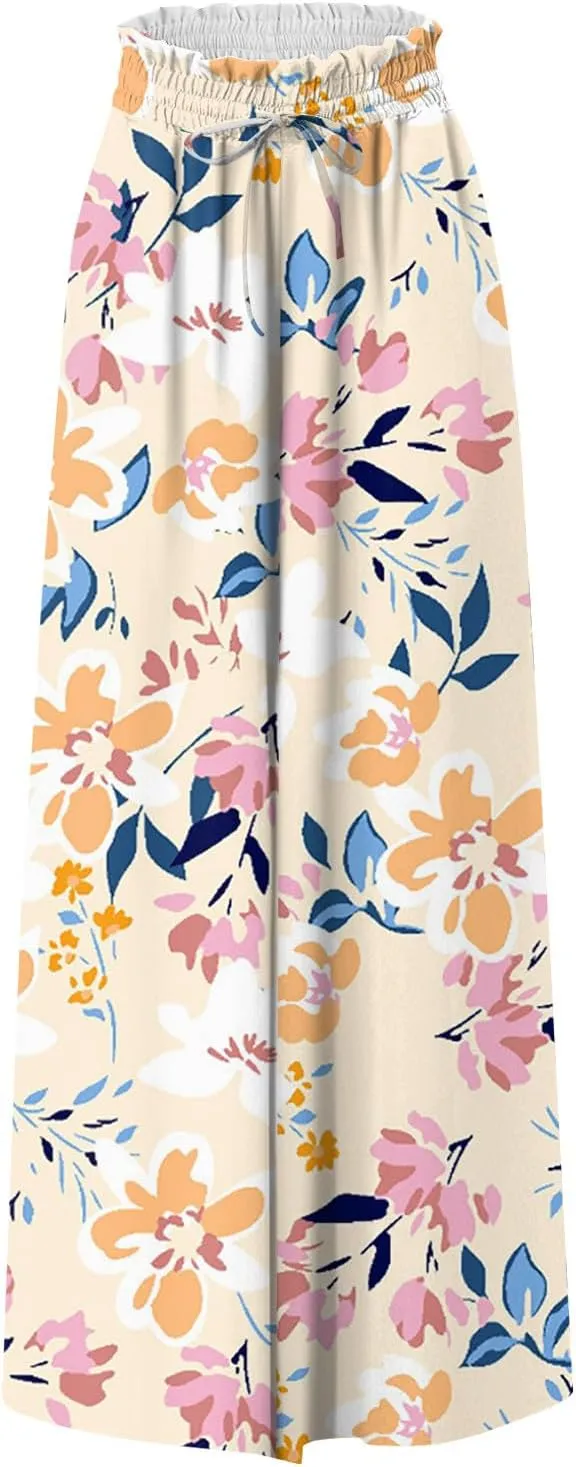 FlekmanArt Women's 2025 Summer Wide Leg Palazzo Pants High Waisted Flowy Pockets Trendy Casual Lounge Boho Beach Trouser