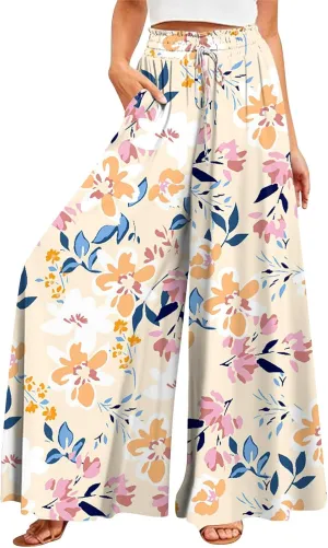 FlekmanArt Women's 2025 Summer Wide Leg Palazzo Pants High Waisted Flowy Pockets Trendy Casual Lounge Boho Beach Trouser