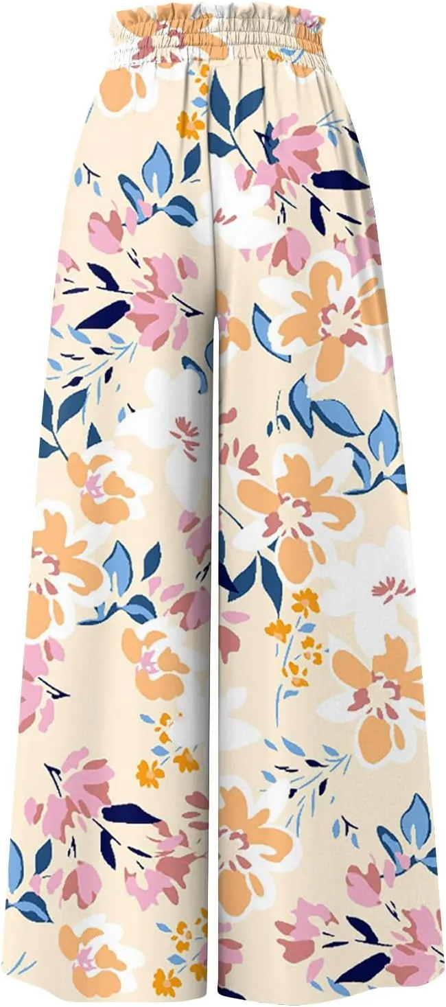 FlekmanArt Women's 2025 Summer Wide Leg Palazzo Pants High Waisted Flowy Pockets Trendy Casual Lounge Boho Beach Trouser