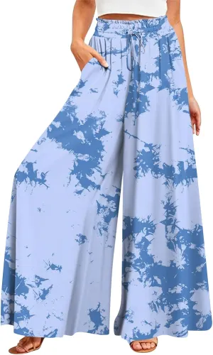 FlekmanArt Women's 2025 Summer Wide Leg Palazzo Pants High Waisted Flowy Pockets Trendy Casual Lounge Boho Beach Trouser