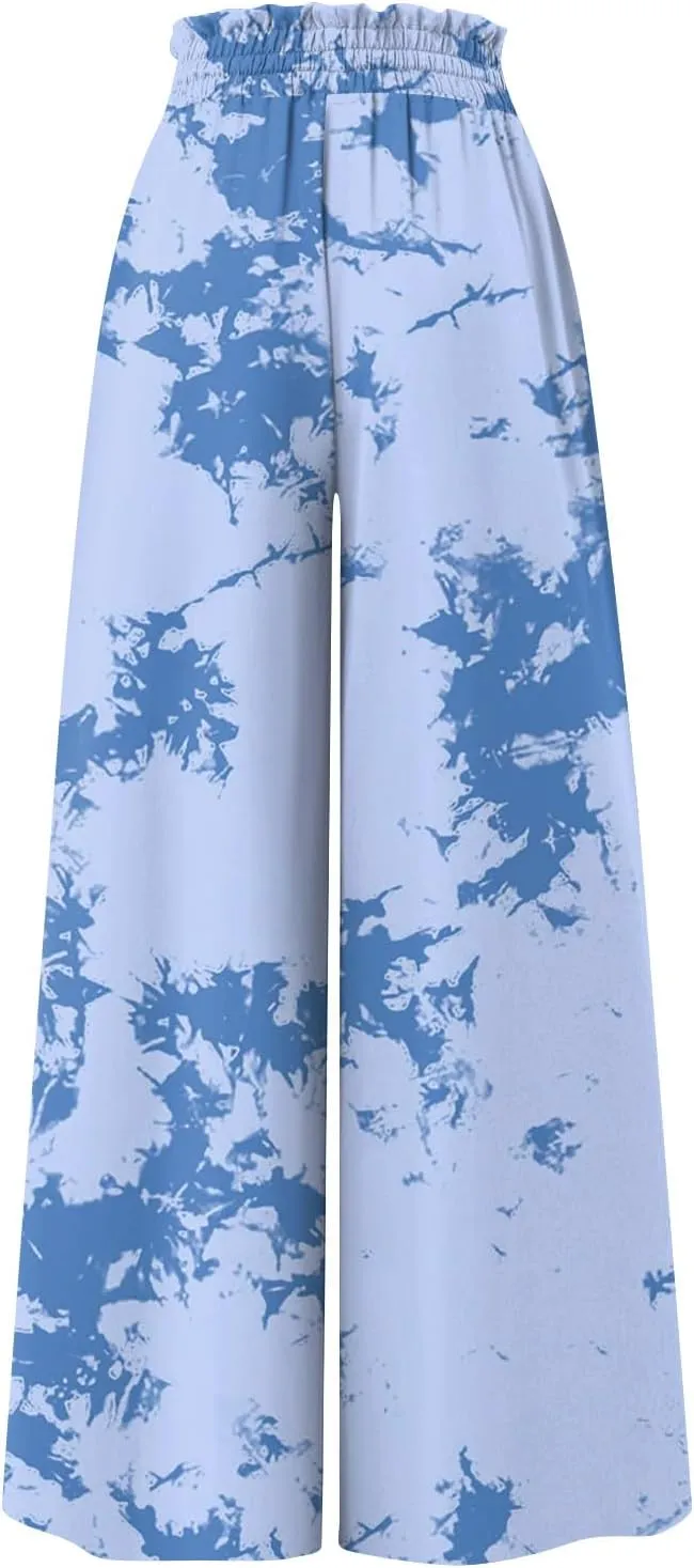 FlekmanArt Women's 2025 Summer Wide Leg Palazzo Pants High Waisted Flowy Pockets Trendy Casual Lounge Boho Beach Trouser