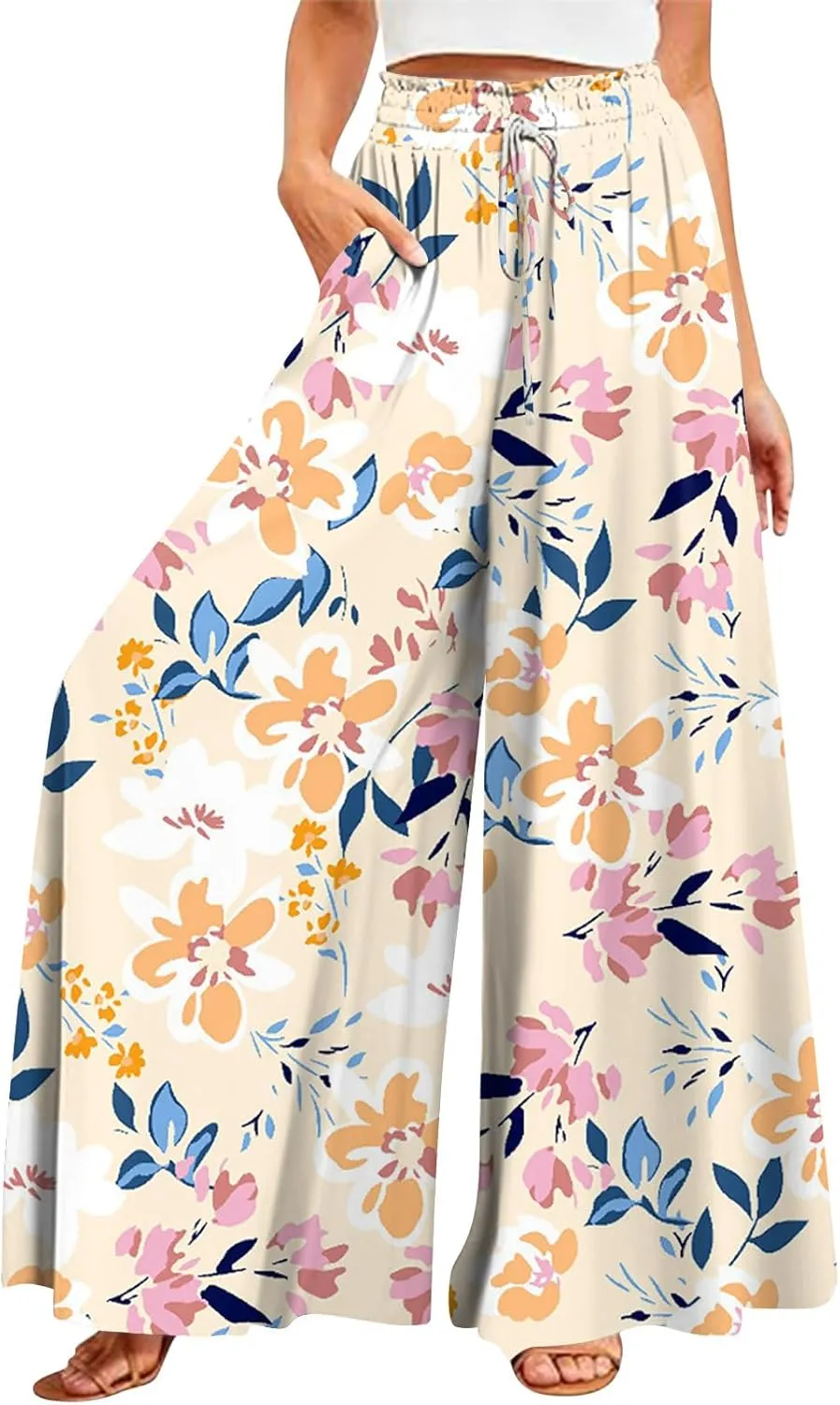 FlekmanArt Women's 2025 Summer Wide Leg Palazzo Pants High Waisted Flowy Pockets Trendy Casual Lounge Boho Beach Trouser