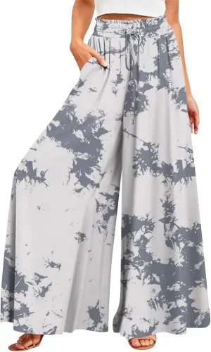 FlekmanArt Women's 2025 Summer Wide Leg Palazzo Pants High Waisted Flowy Pockets Trendy Casual Lounge Boho Beach Trouser