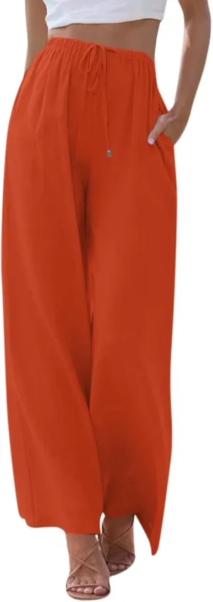 Flowy Linen Pants Women Summer Casual Loose Boho Beach Pants Drawstring High Waisted Palazzo Pants Beach Trousers