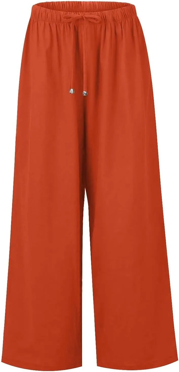 Flowy Linen Pants Women Summer Casual Loose Boho Beach Pants Drawstring High Waisted Palazzo Pants Beach Trousers