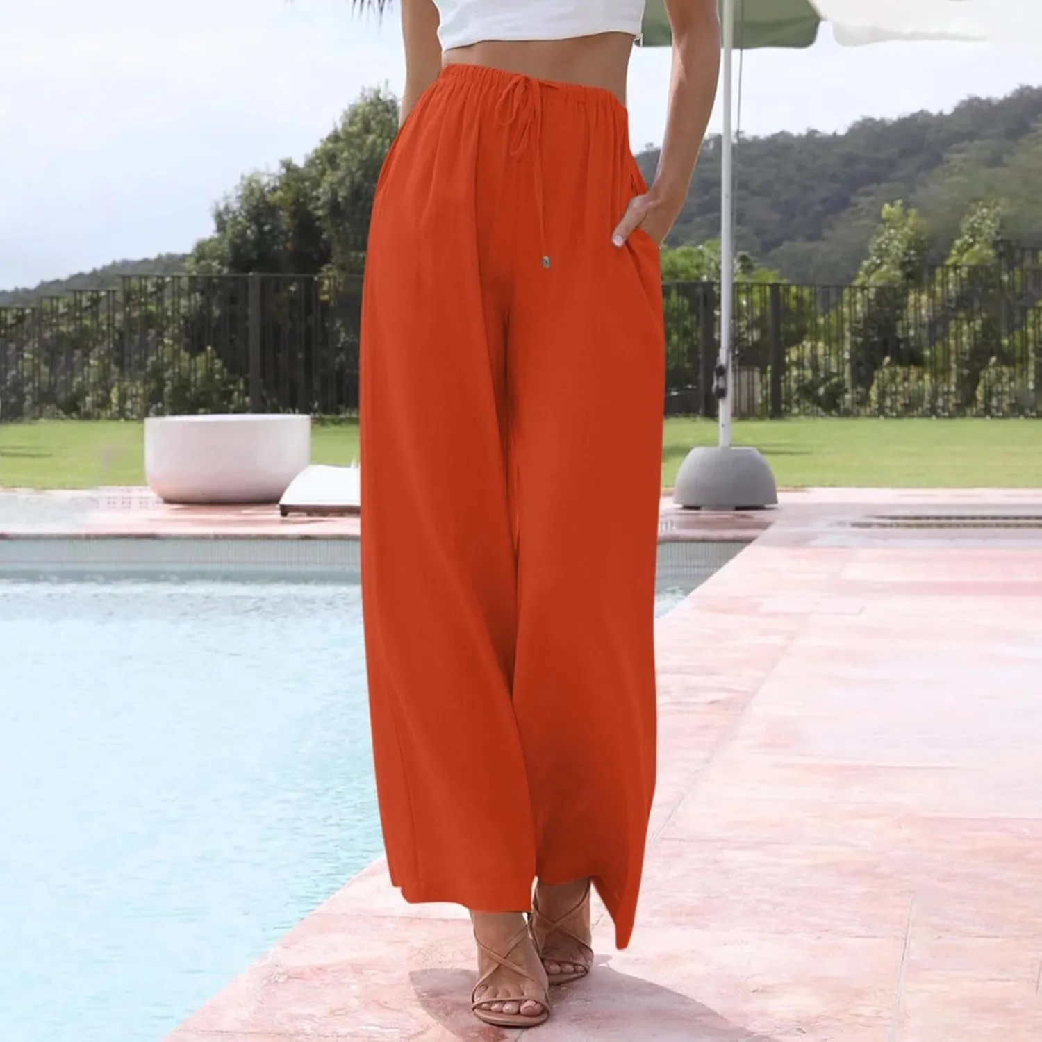 Flowy Linen Pants Women Summer Casual Loose Boho Beach Pants Drawstring High Waisted Palazzo Pants Beach Trousers