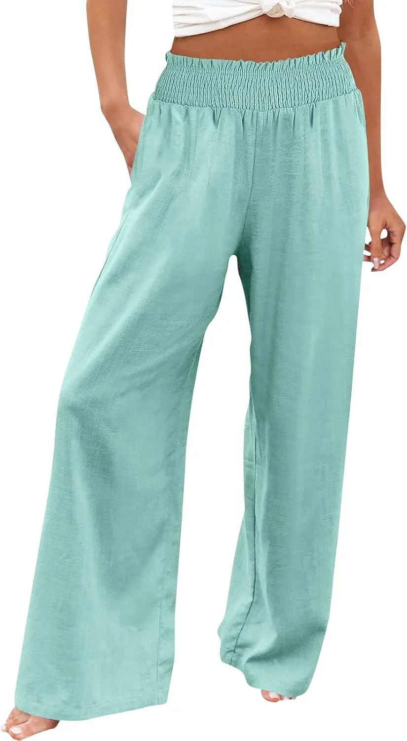 Flowy Palazzo Pants for Women Casual Loose Summer Boho High Waisted Lounge Yoga Beach Wide Leg Linen Pants Trousers