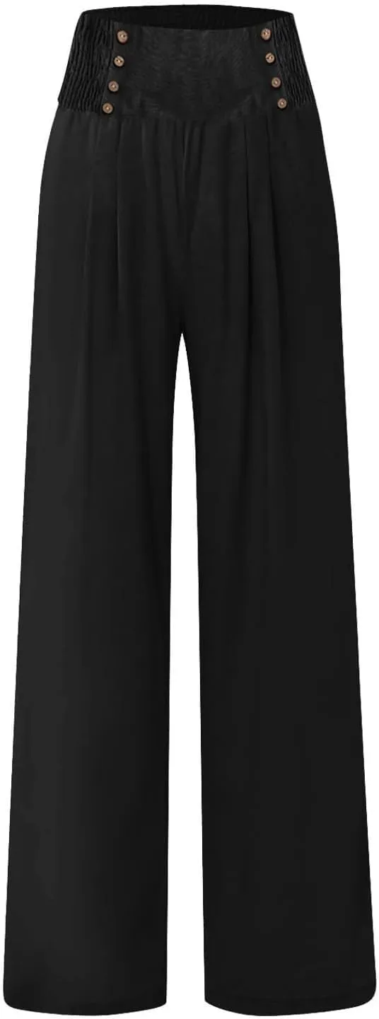 Flowy Pants for Women Wide Leg Beach Trousers Casual Summer Loose Fit Cotton Linen Yoga Palazzo Pants with Pockets