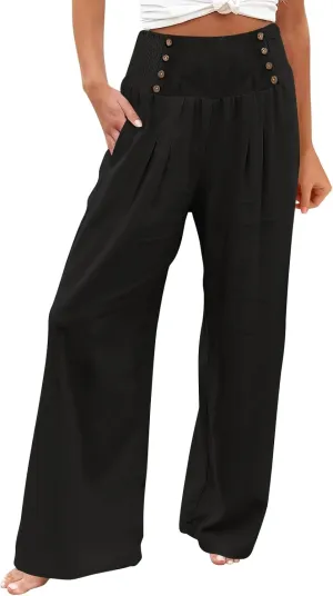 Flowy Pants for Women Wide Leg Beach Trousers Casual Summer Loose Fit Cotton Linen Yoga Palazzo Pants with Pockets