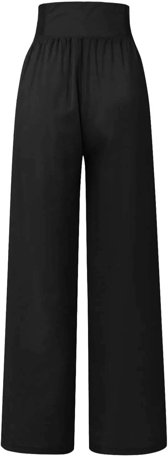 Flowy Pants for Women Wide Leg Beach Trousers Casual Summer Loose Fit Cotton Linen Yoga Palazzo Pants with Pockets