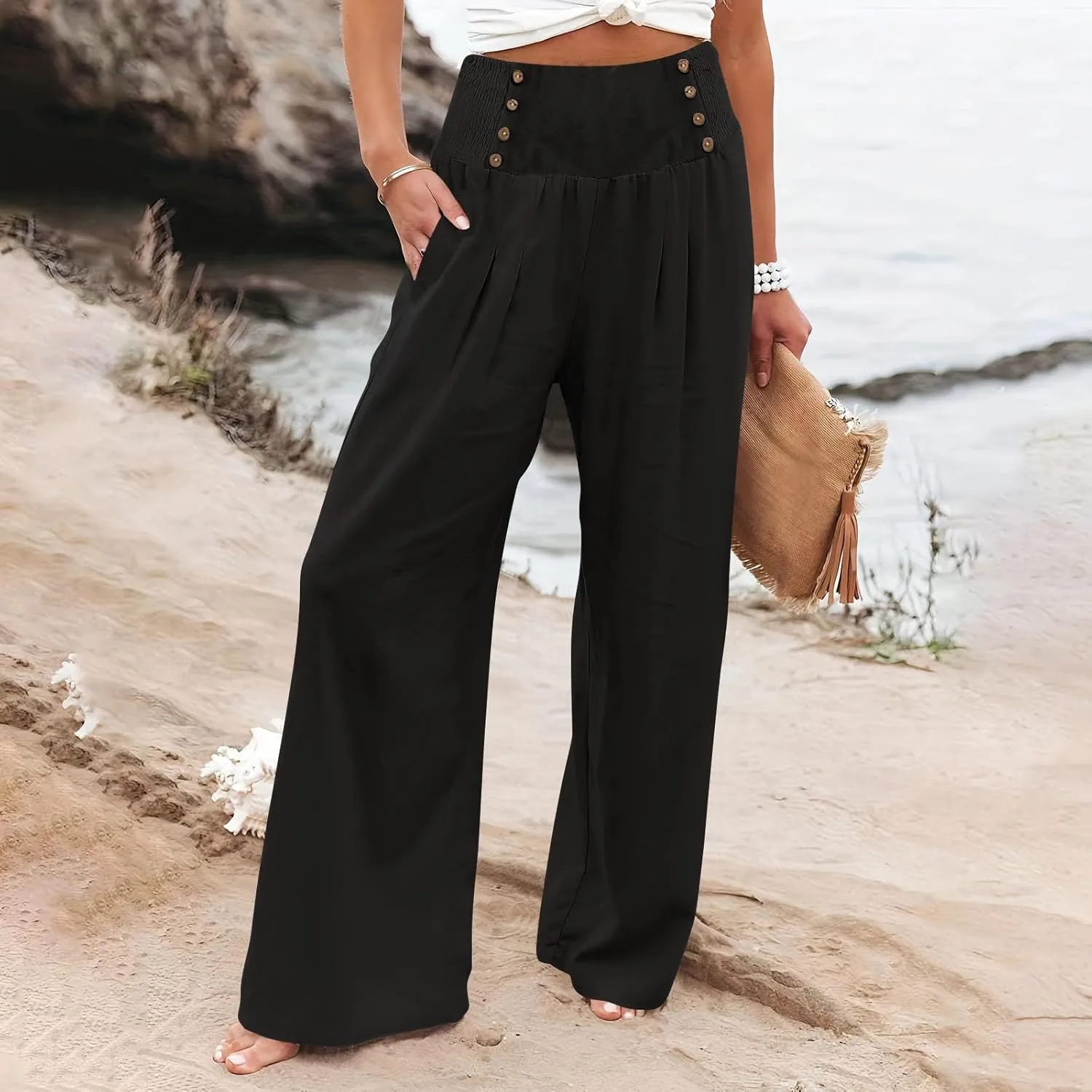 Flowy Pants for Women Wide Leg Beach Trousers Casual Summer Loose Fit Cotton Linen Yoga Palazzo Pants with Pockets