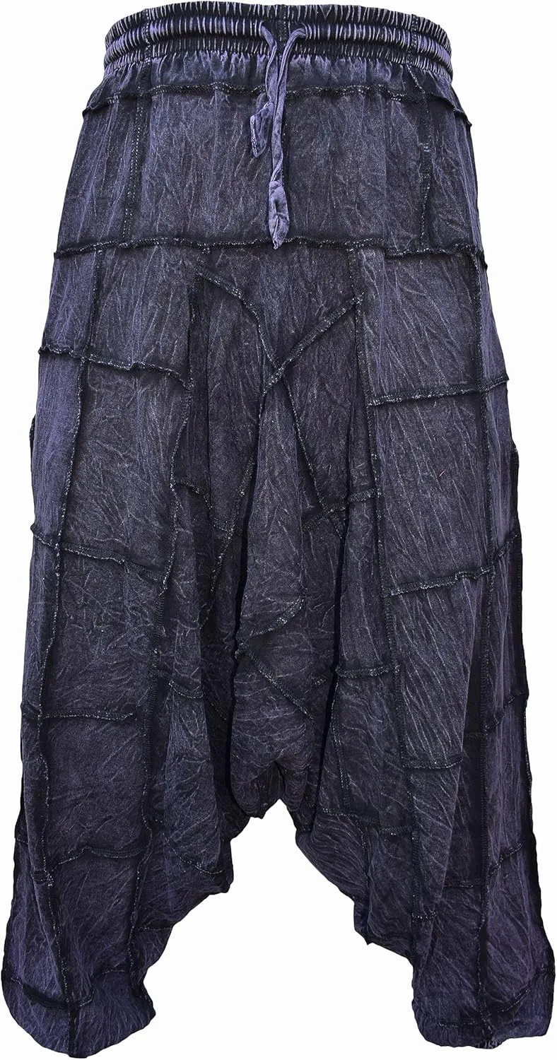 Gheri Men's Light Cotton Drop Crotch Ninja Aladdin Genie Black Patchwork Harem Trousers