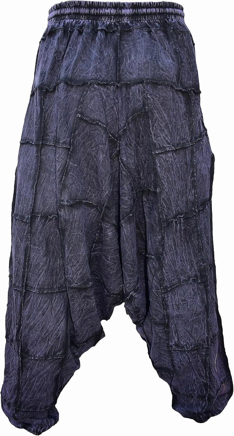 Gheri Men's Light Cotton Drop Crotch Ninja Aladdin Genie Black Patchwork Harem Trousers