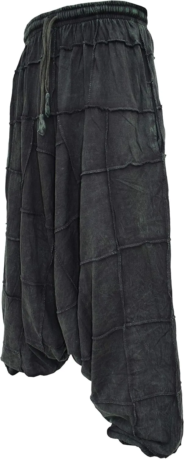 Gheri Men's Light Cotton Drop Crotch Ninja Aladdin Genie Black Patchwork Harem Trousers