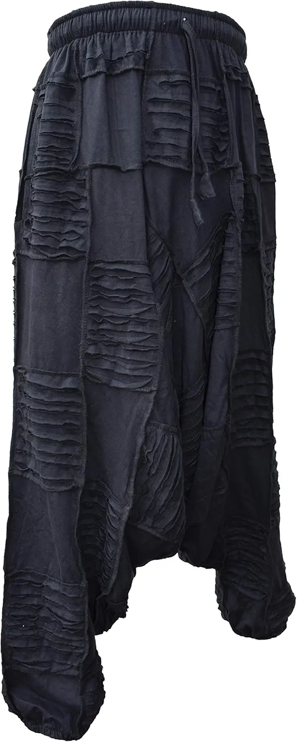 Gheri Men's Light Cotton Drop Crotch Ninja Aladdin Genie Black Patchwork Harem Trousers