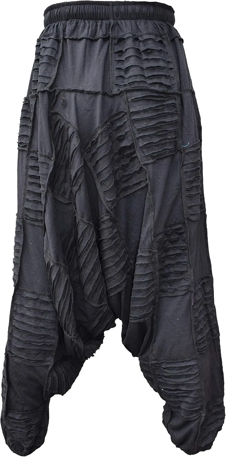 Gheri Men's Light Cotton Drop Crotch Ninja Aladdin Genie Black Patchwork Harem Trousers