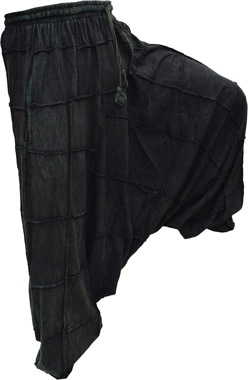 Gheri Men's Light Cotton Drop Crotch Ninja Aladdin Genie Black Patchwork Harem Trousers