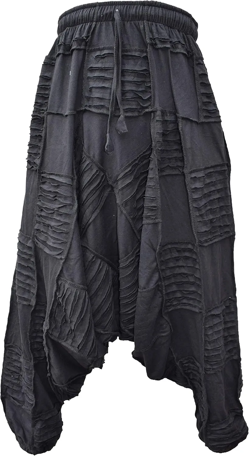 Gheri Men's Light Cotton Drop Crotch Ninja Aladdin Genie Black Patchwork Harem Trousers