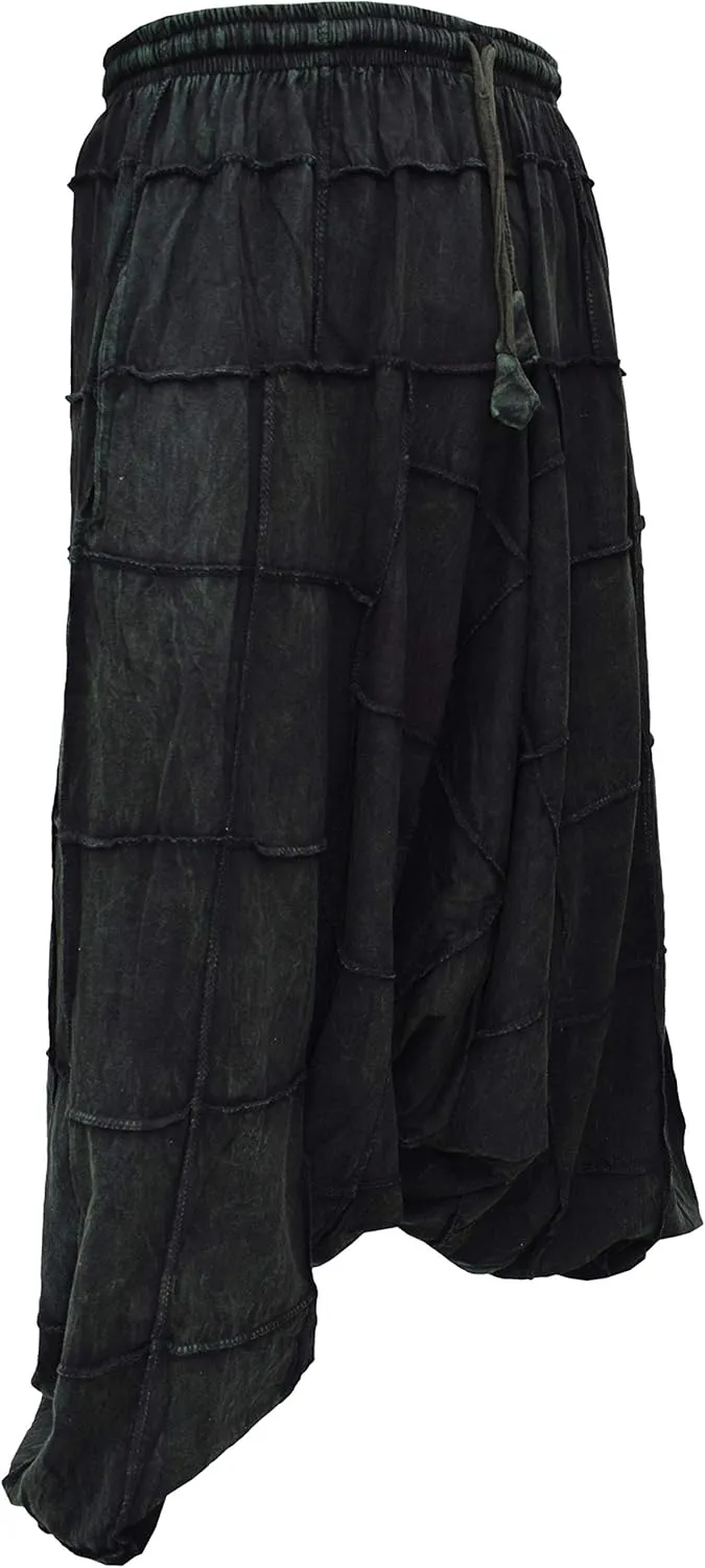 Gheri Men's Light Cotton Drop Crotch Ninja Aladdin Genie Black Patchwork Harem Trousers