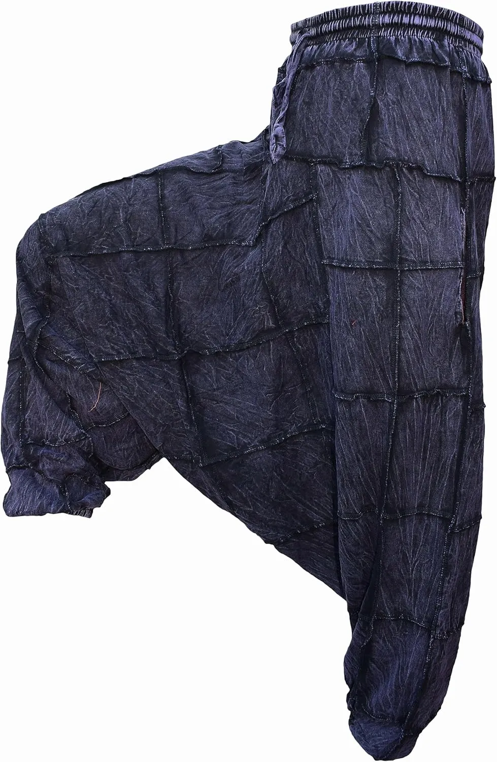Gheri Men's Light Cotton Drop Crotch Ninja Aladdin Genie Black Patchwork Harem Trousers
