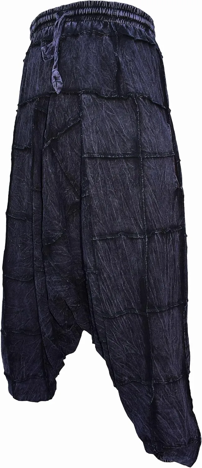 Gheri Men's Light Cotton Drop Crotch Ninja Aladdin Genie Black Patchwork Harem Trousers