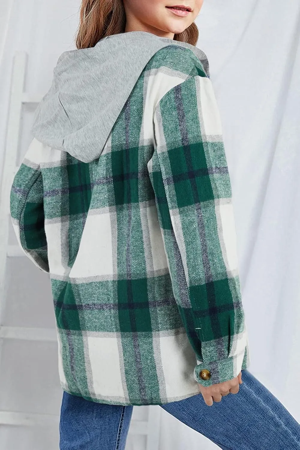 Girls Cute Flannel Plaid Button Down Top with Pockets Long Sleeve Hooded Jacket