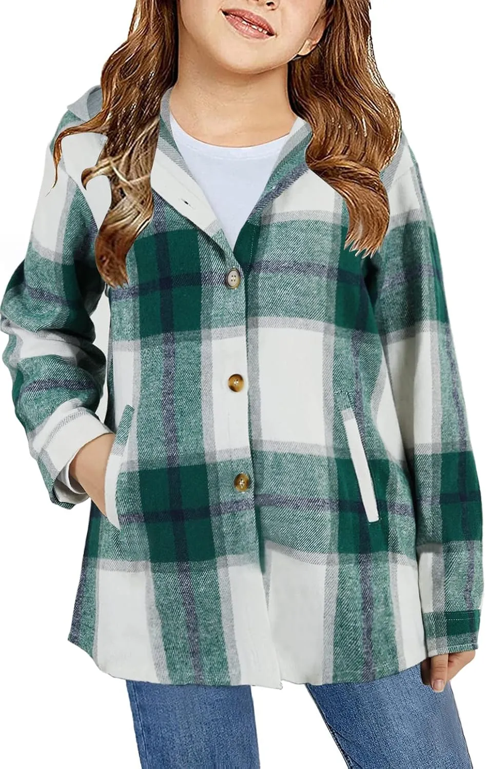 Girls Cute Flannel Plaid Button Down Top with Pockets Long Sleeve Hooded Jacket