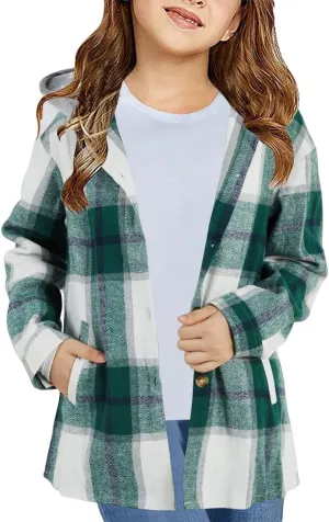 Girls Cute Flannel Plaid Button Down Top with Pockets Long Sleeve Hooded Jacket