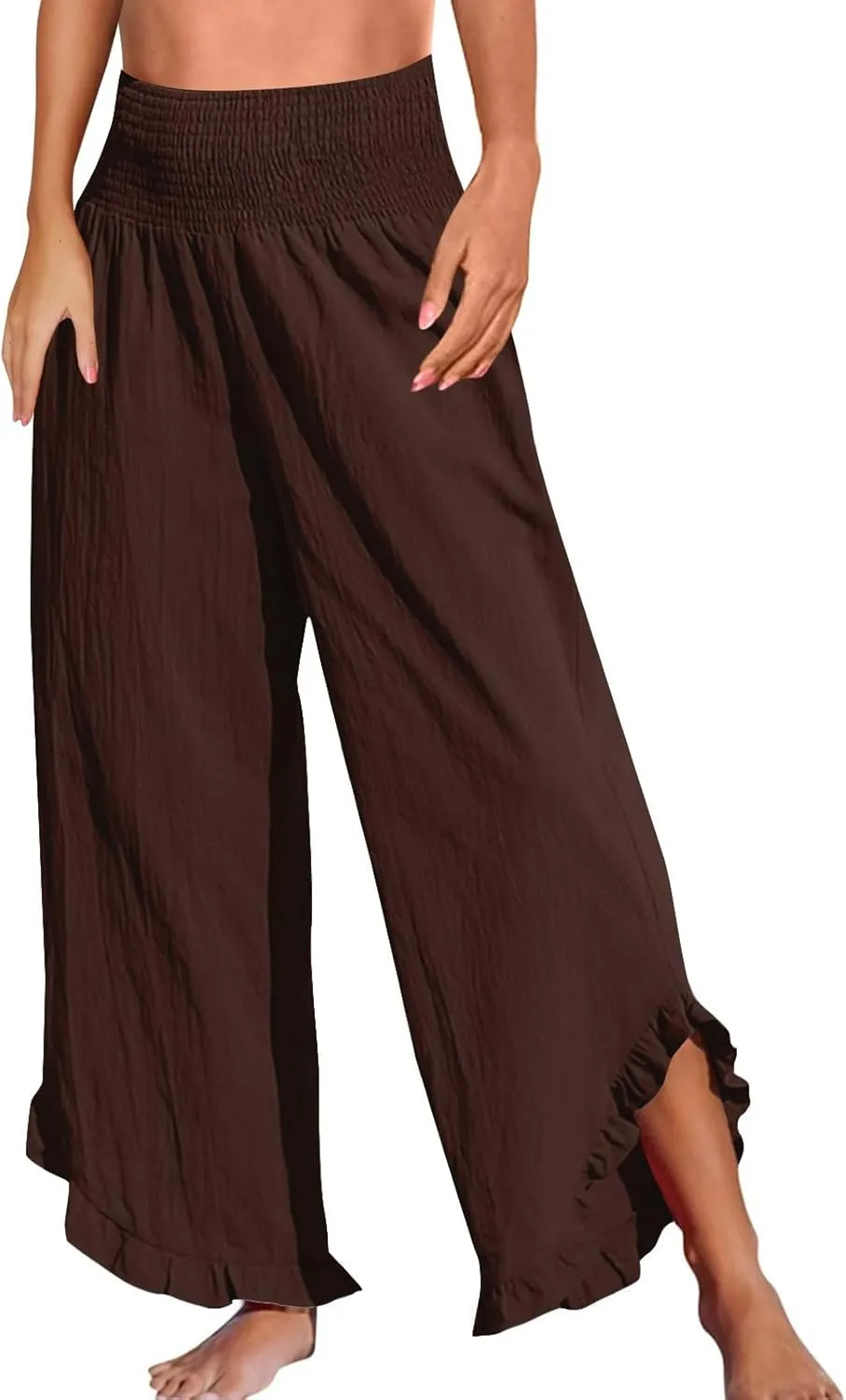 GOFULY Wide Leg Linen Pants Women Beach Flowy Summer Elastic Waist Palazzo Pants High Waisted Pockets Cropped Solid Trousers