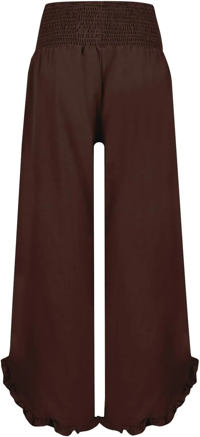 GOFULY Wide Leg Linen Pants Women Beach Flowy Summer Elastic Waist Palazzo Pants High Waisted Pockets Cropped Solid Trousers
