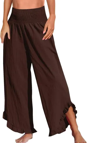 GOFULY Wide Leg Linen Pants Women Beach Flowy Summer Elastic Waist Palazzo Pants High Waisted Pockets Cropped Solid Trousers