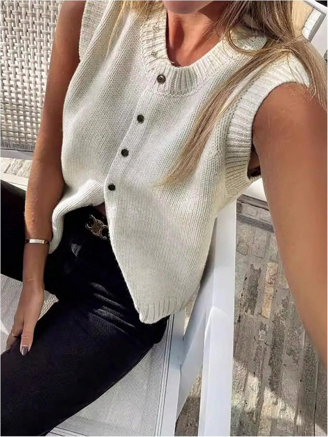 GORGLITTER Women's Button Up Sweater Vest Crewneck Sleeveless Knit Sweater Tank Top