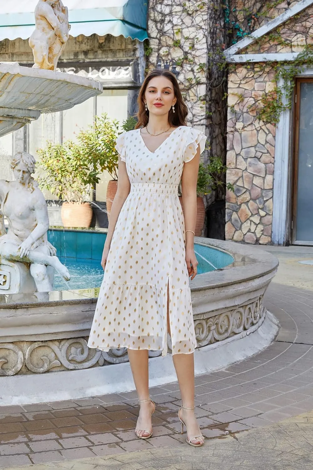 GRACE KARIN Women's V Neck Ruffle Sleeve Summer Dress 2025 Split Flowy Tiered Midi Dress Wedding Guest Cocktail Dresses