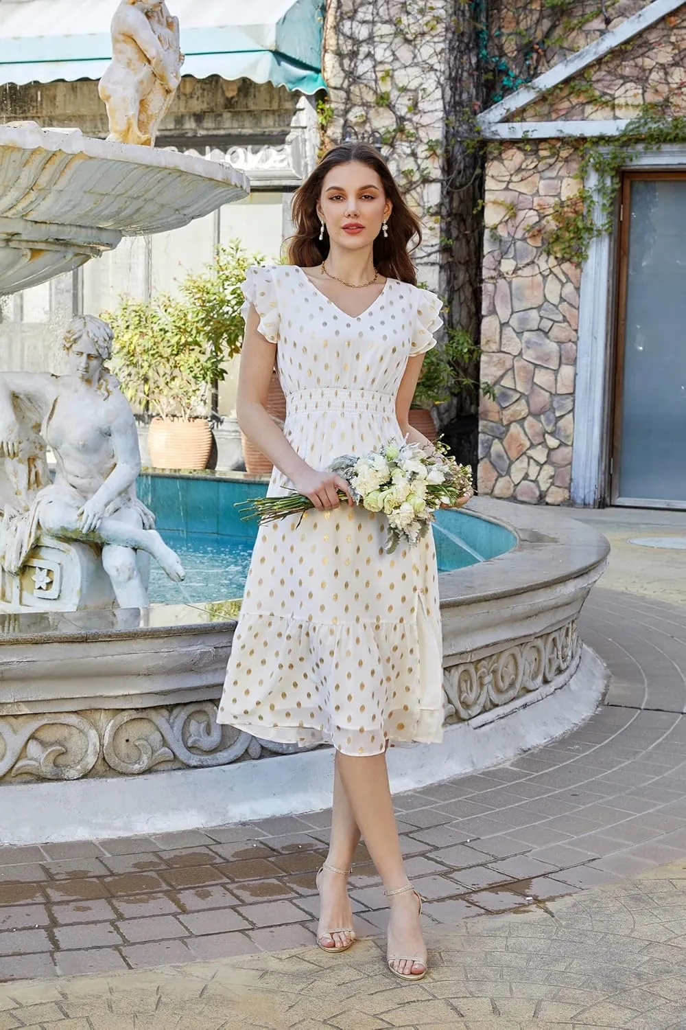 GRACE KARIN Women's V Neck Ruffle Sleeve Summer Dress 2025 Split Flowy Tiered Midi Dress Wedding Guest Cocktail Dresses
