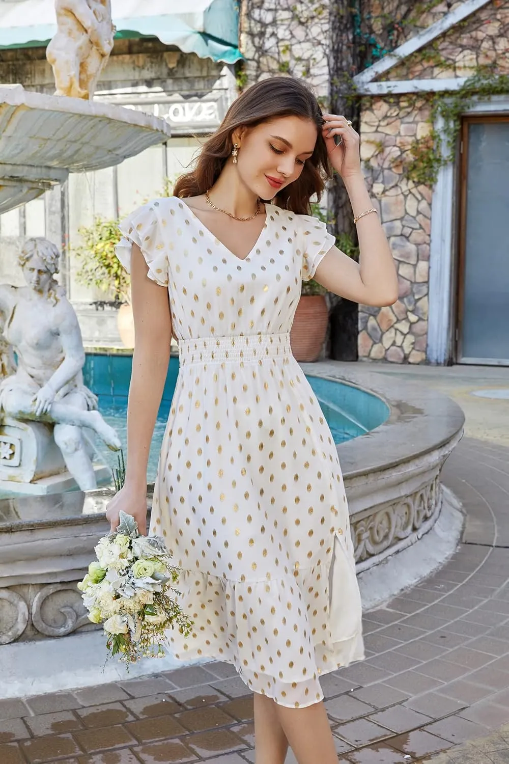 GRACE KARIN Women's V Neck Ruffle Sleeve Summer Dress 2025 Split Flowy Tiered Midi Dress Wedding Guest Cocktail Dresses
